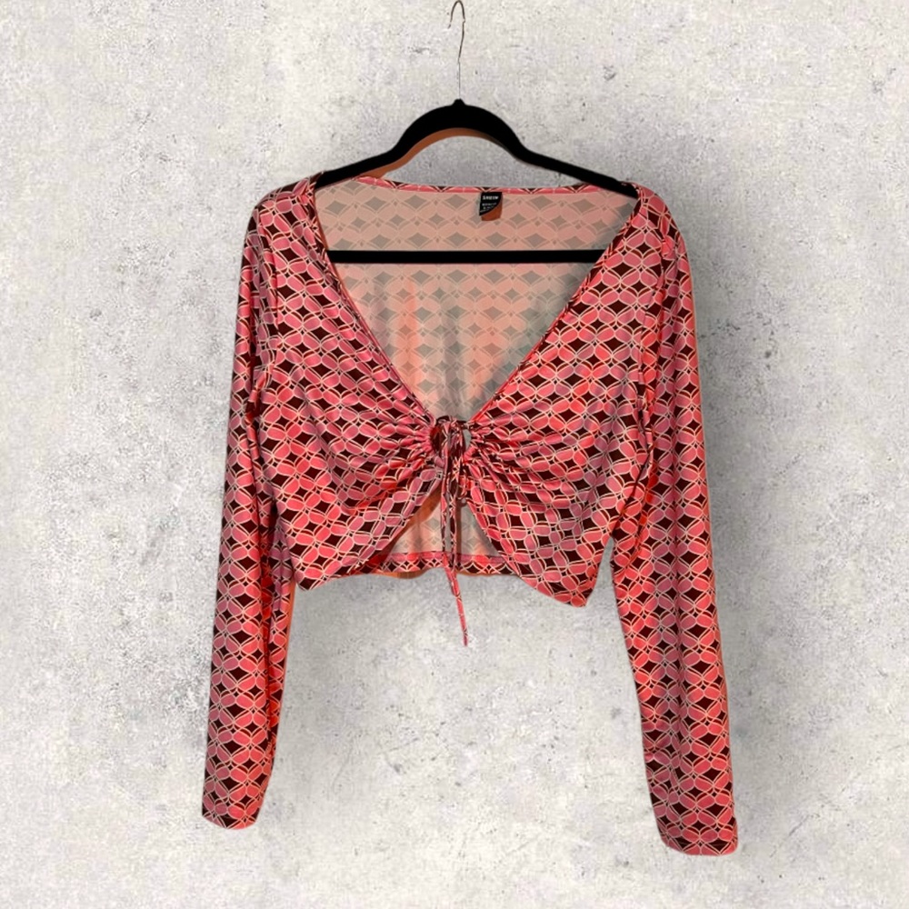 Pink Pattern Front Tie Long Sleeve Crop Top
